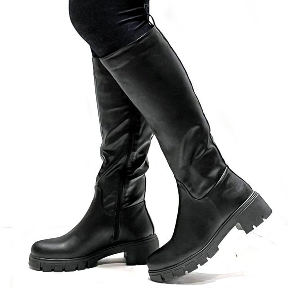 New Black Round Toe Chunky Heel Knee High Riding Boots - Picture 3 of 5